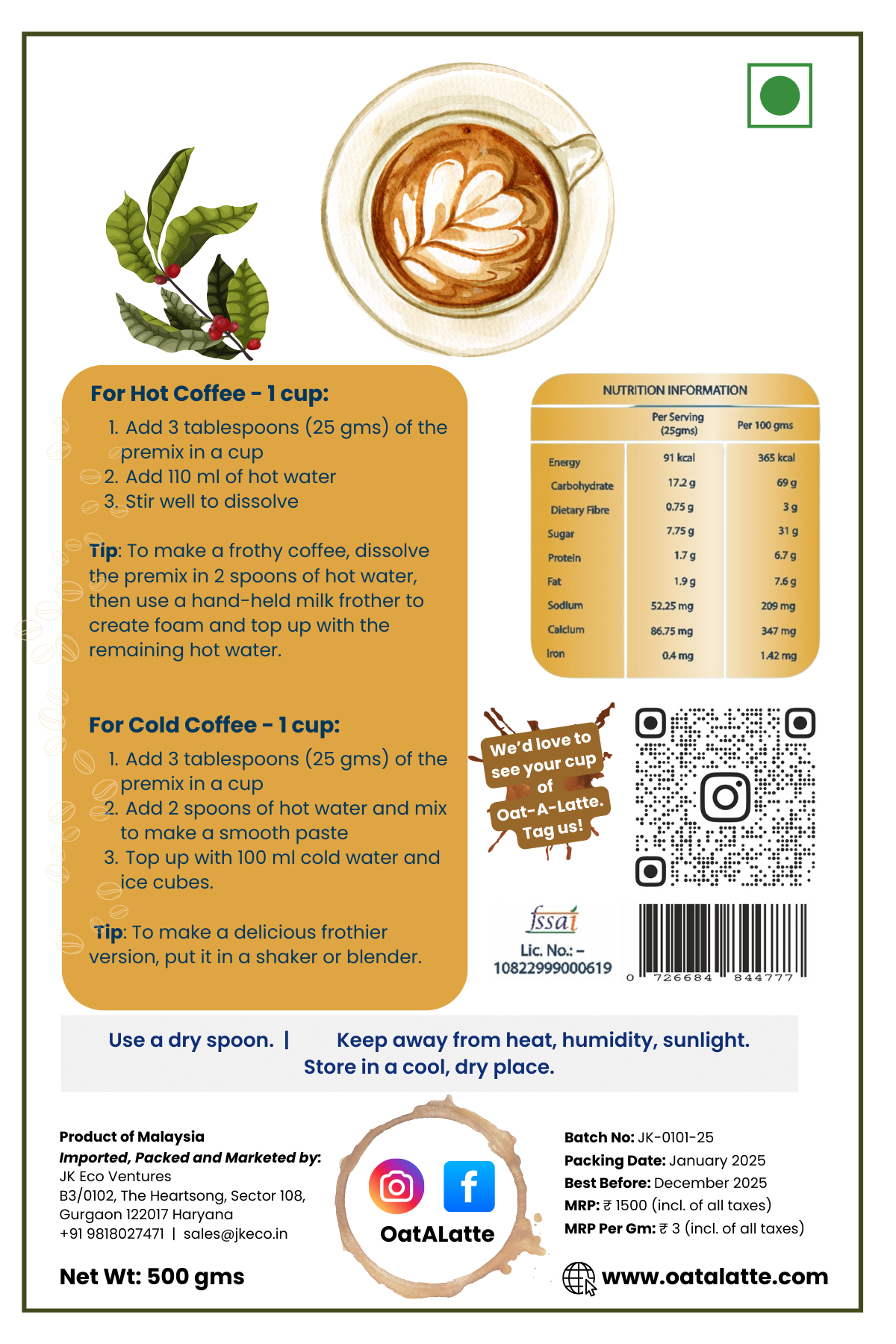 Oat-á-Latte Home: Instant Coffee Premix (500 gms)