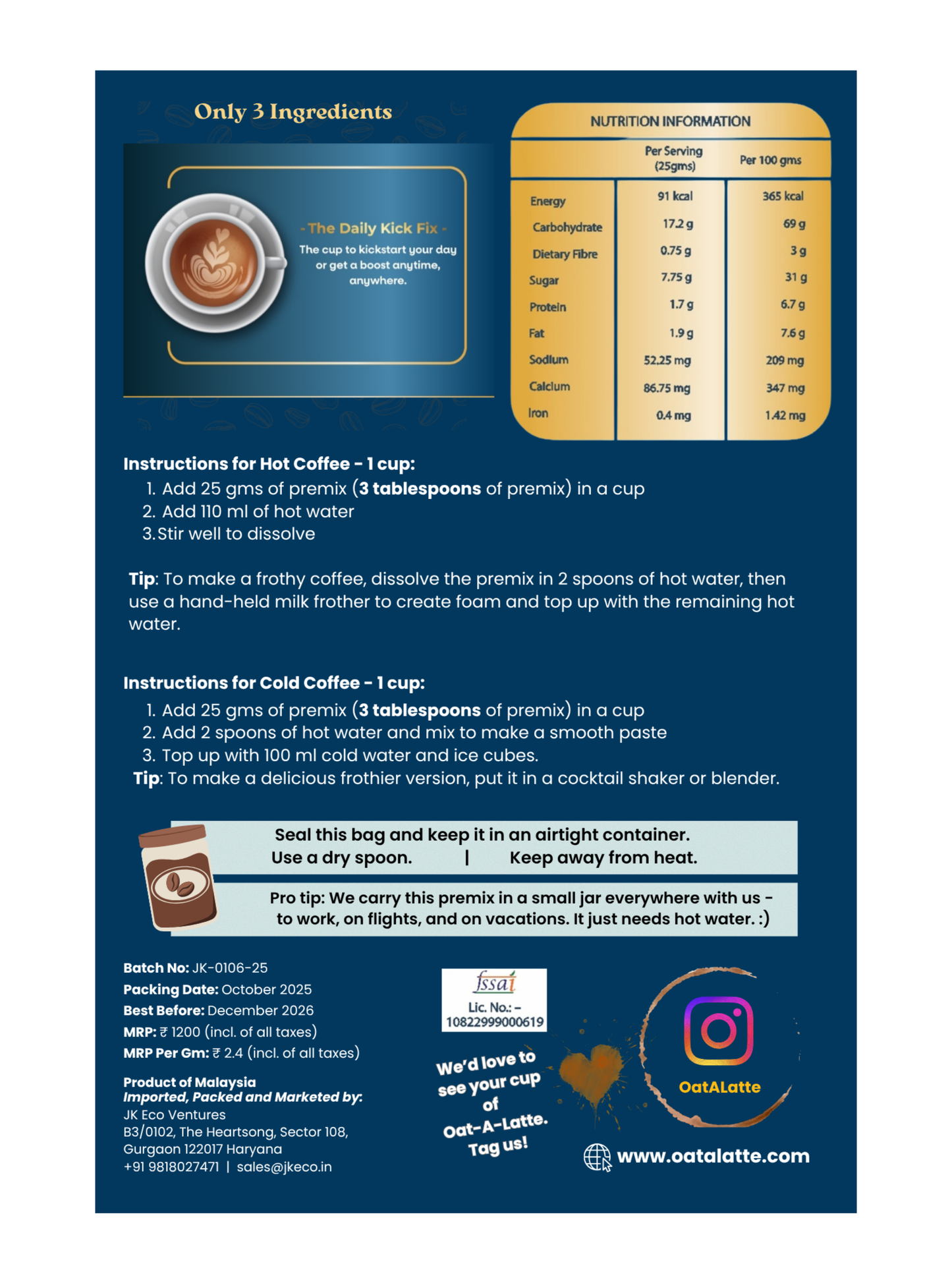 Oat-á-Latte Home: Instant Coffee Premix (500 gms)