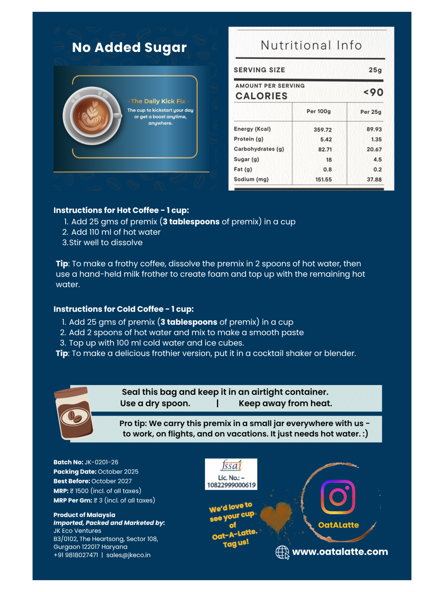 No Added Sugar Oat-á-Latte: Instant Coffee Premix (500 gms)